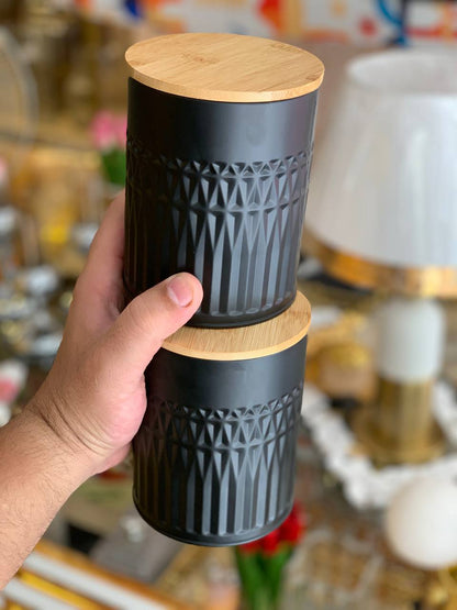 طقم تخزين معدني بغطاء خشب بامبو